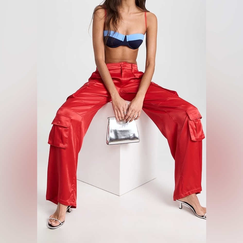 Alice & Olivia Satin Wide Leg Cargo Pants, Red, 4, NWT